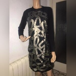 Elegant Black Long-Sleeve Dress with Silver Abstract Detail